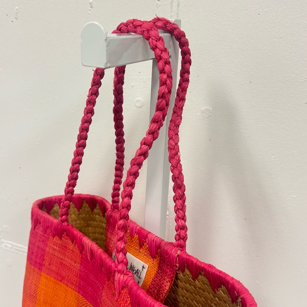 Annabel Ingall Australia Wicker Pink and Orange Straw Tote Colorblock Mini Bag - Picture 3 of 9